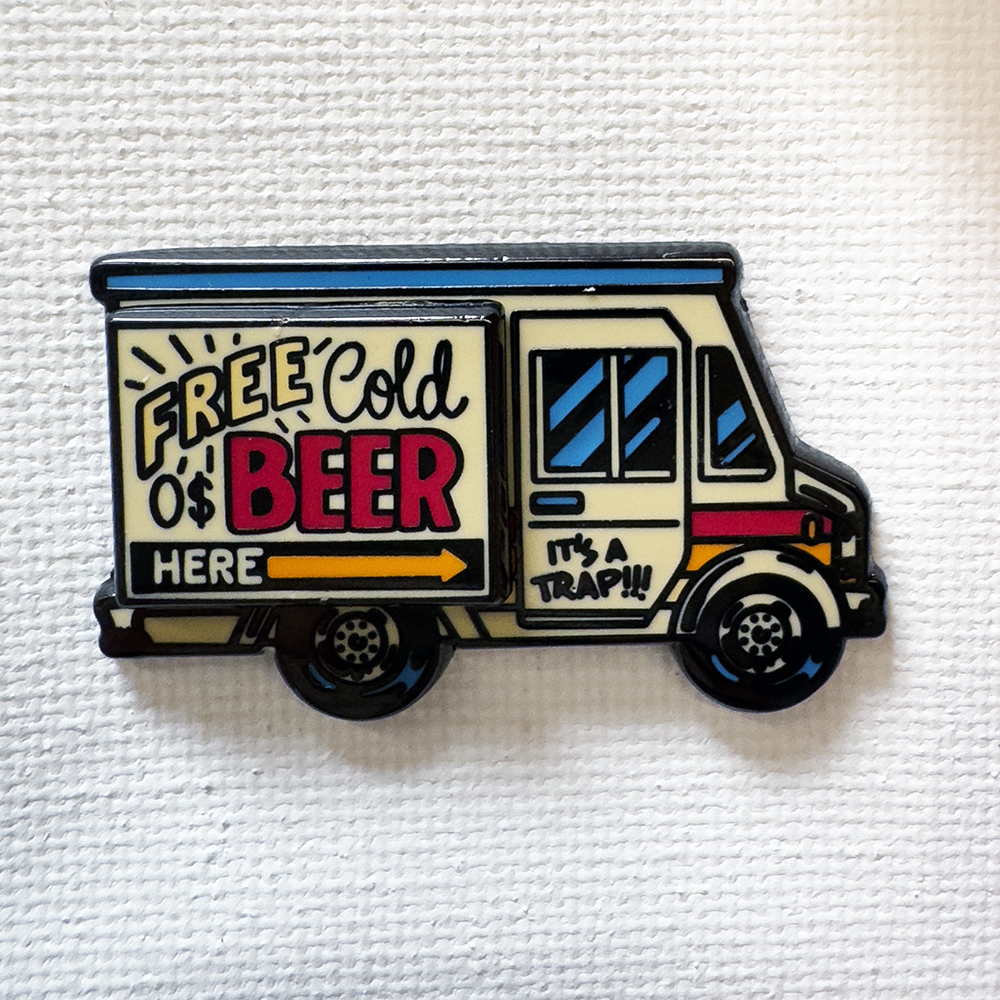 Beer Truck deluxe enamel pin with the side panel closed, a white truck advertising free cold beer, on a white textured background