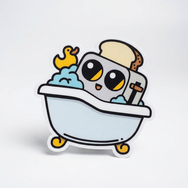 Die-cut sticker of a cartoon toaster in a bathtub with a rubber duck