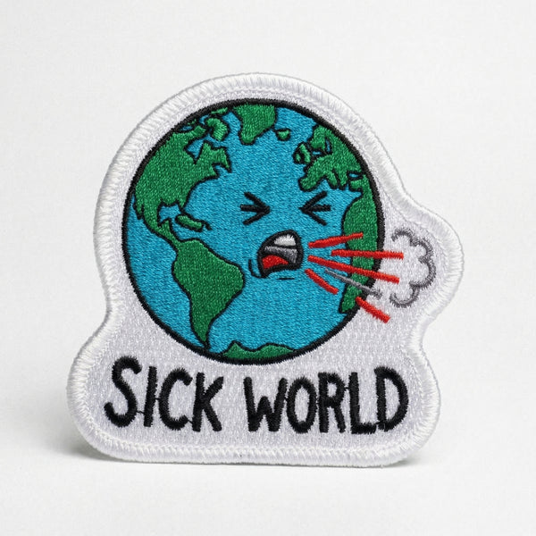 Embroidered Sick World patch with coughing Earth
