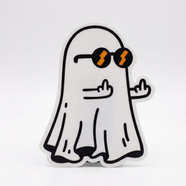 Sticker of a white ghost wearing round sunglasses with orange lightning bolts and showing middle fingers.