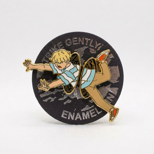 Two-piece enamel pin set of anime character falling through a portal