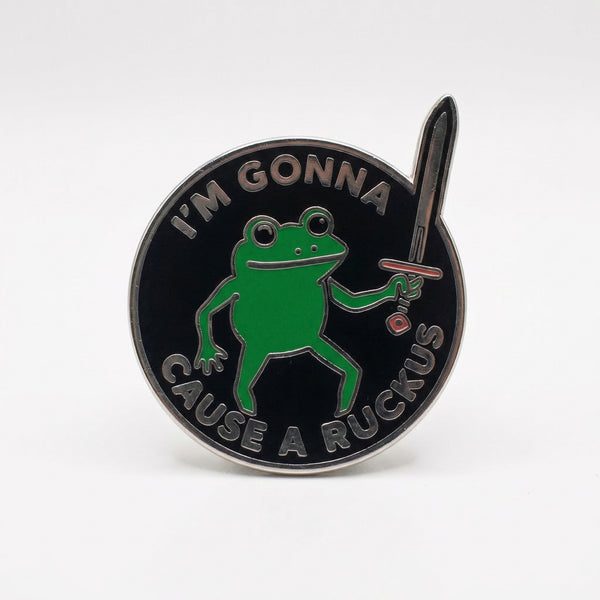 Green frog with sword enamel pin