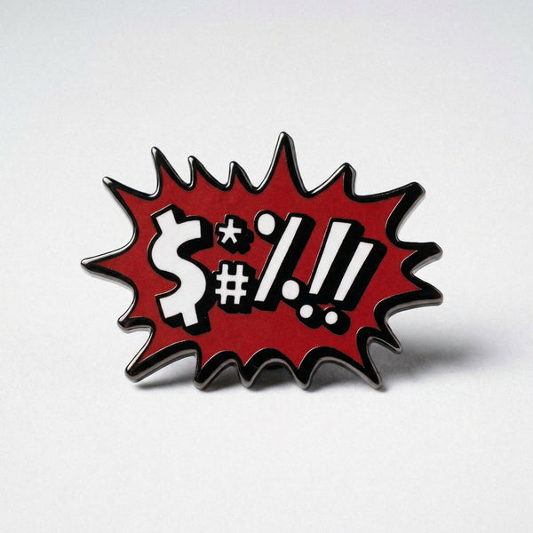 Red comic burst enamel pin with white swear symbols