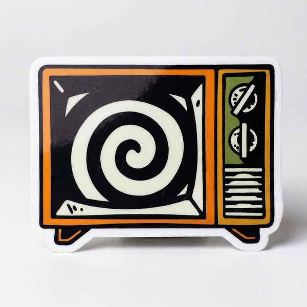 Retro television sticker with a black and white spiral screen.