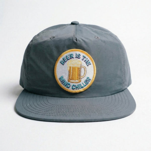 Grey nylon snapback hat with Beer Is The Mind Chiller circular patch.